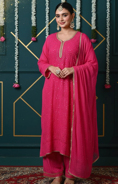 Pink Premium Lucknow Chikankari Viscose Kurta, Palazzo & Dupatta Set with Mukaish and Lace Work