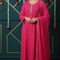 Pink Premium Lucknow Chikankari Viscose Kurta, Palazzo & Dupatta Set with Mukaish and Lace Work