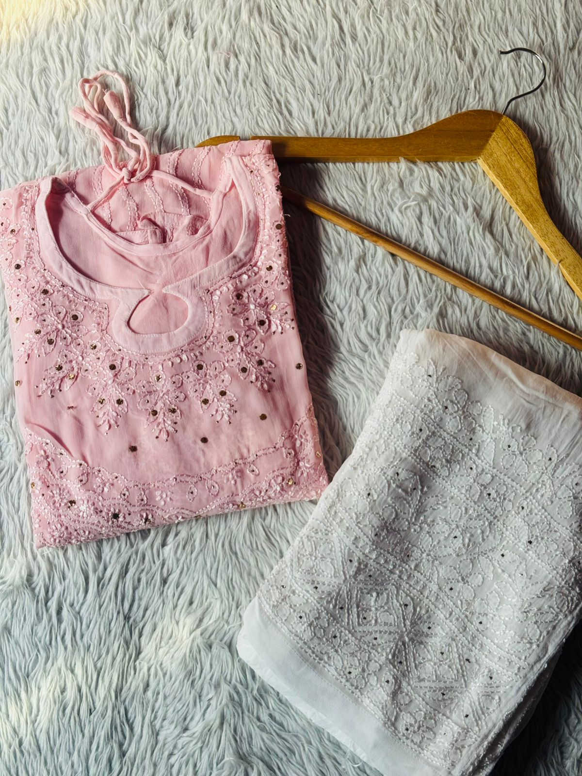 Baby Pink Viscose Chikankari Kurta and Palazzo Set with Mukaish Work (New| Limited Stock)