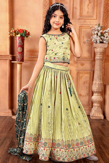 Pista Green Kids Lehenga Choli with Multicolor Embroidery