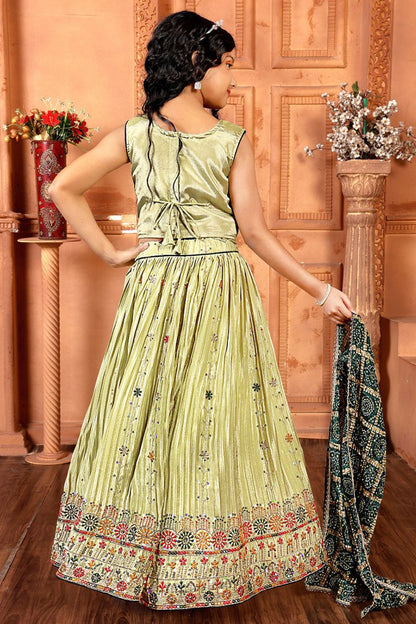 Pista Green Kids Lehenga Choli with Multicolor Embroidery