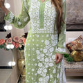 Pista Green Premium 3D Jasmine Maslin Kurti with White Pallazo (Limited Stock)