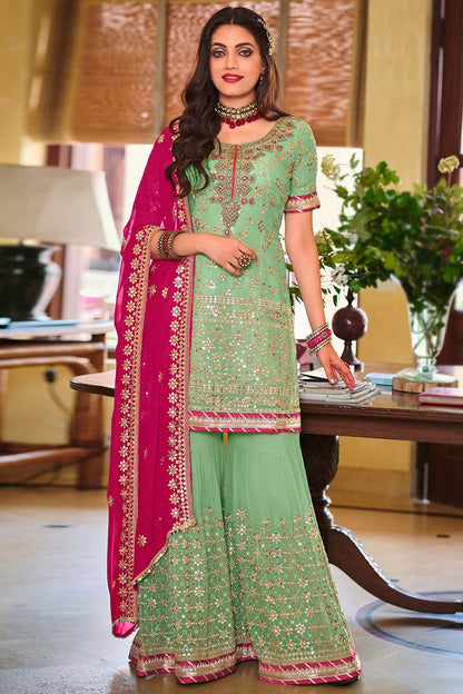 Pistachio Green Georgette Sharara Suit with Cerise Pink Dupatta