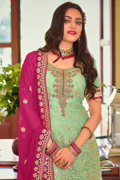 Pistachio Green Georgette Sharara Suit with Cerise Pink Dupatta