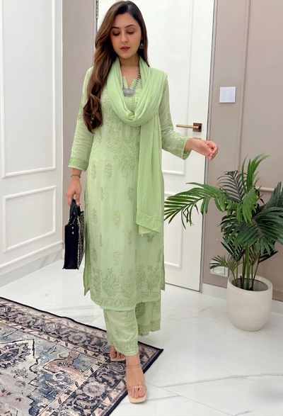 Pistachio Green Ethereal Dyeable Modal Chikankari Kurta Set New Color