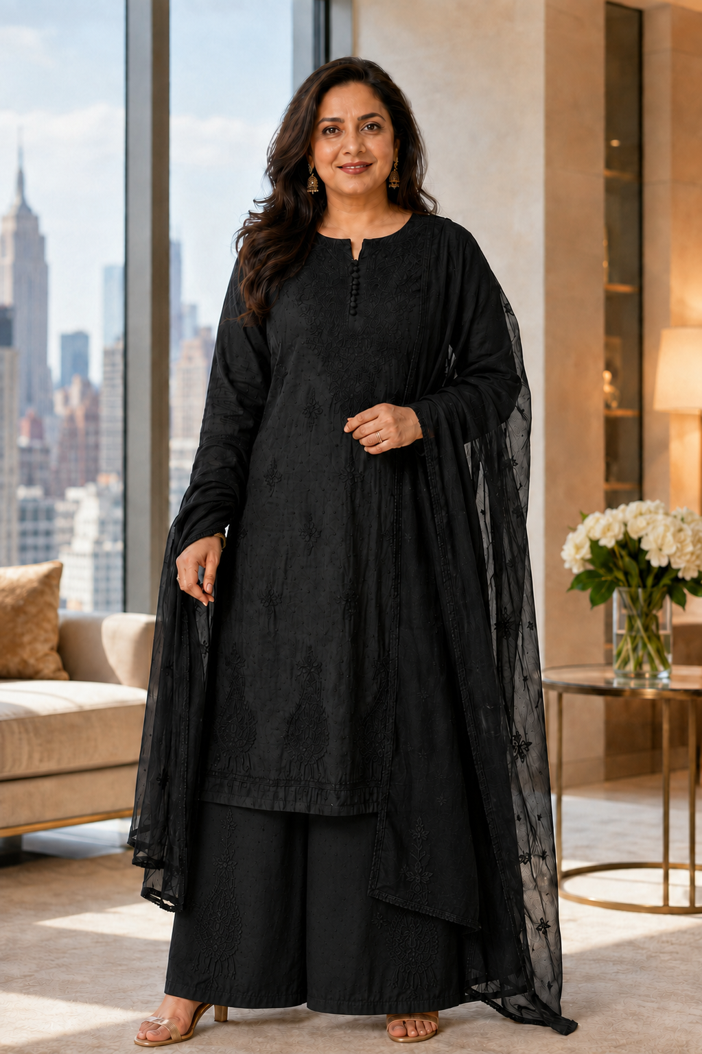 Black Dobby Cotton Chikankari Kurti Palazzo Dupatta Set – Plus Size