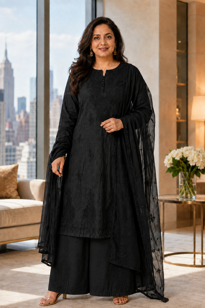 Black Dobby Cotton Chikankari Kurti Palazzo Dupatta Set – Plus Size