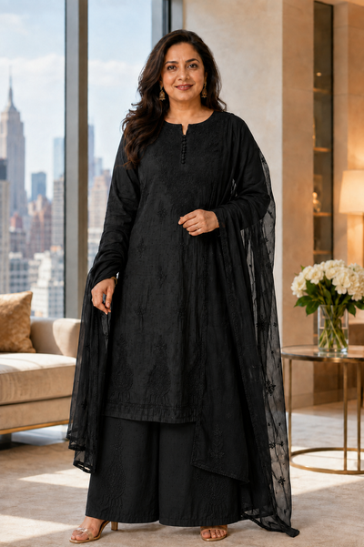 Black Dobby Cotton Chikankari Kurti Palazzo Dupatta Set – Plus Size