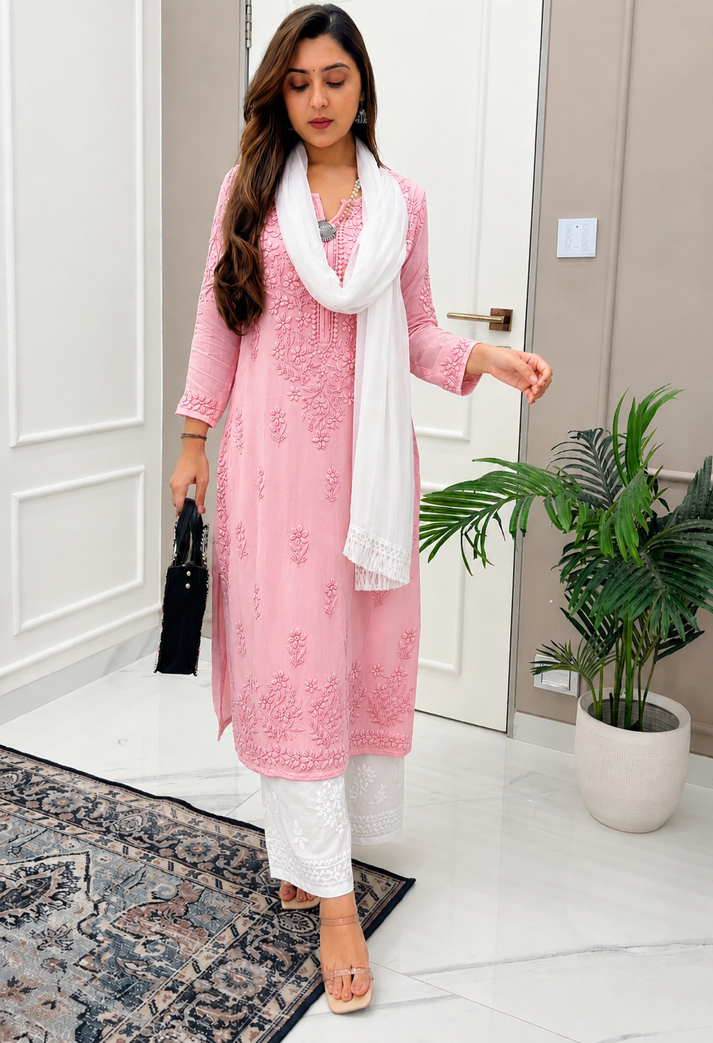 Pastel Pink and White Ethereal Dyeable Chikankari Kurta Set (New)