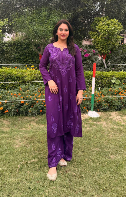 Premium Chikankari Cord Set in purple front view