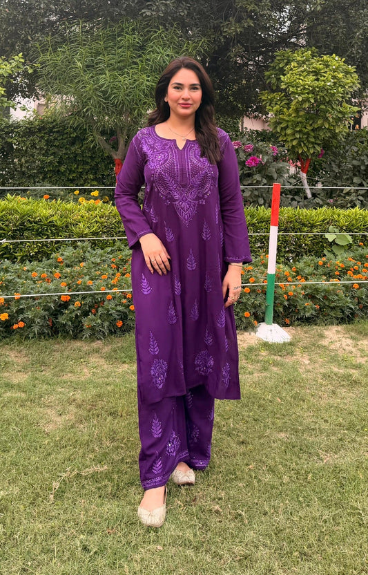 Premium Chikankari Cord Set in purple front view