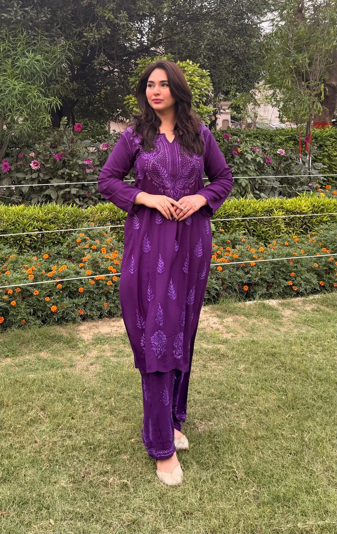 Premium Chikankari Cord Set in purple side front view