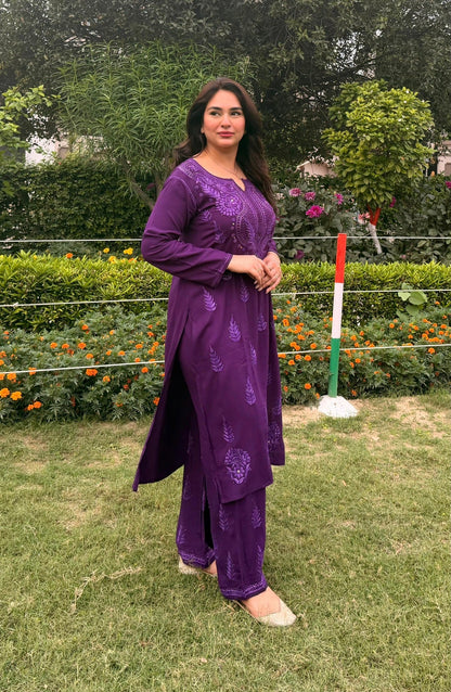 Premium Chikankari Cord Set in purple side view