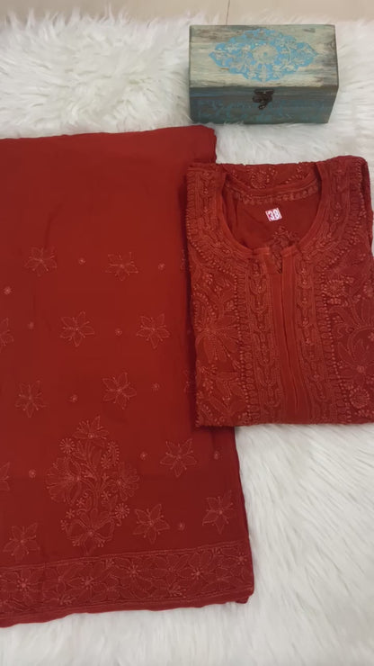 Brick Red Chikankari Resham Work Viscose 3-Piece Set