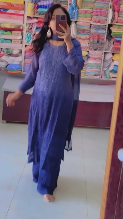 Elegant 3 pc Blue Ethereal Dyeble Modal Chikankari Kurta Set