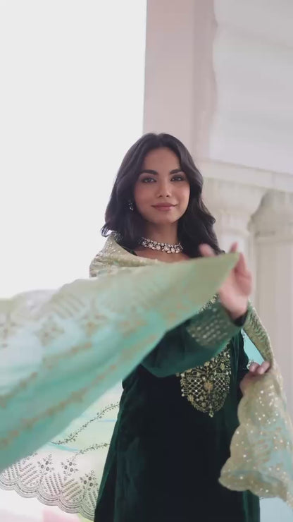 Premium Green Velvet Top Pant Dupatta Set with Sequins & Zari Embroidery | Designer Festive Wear 2025