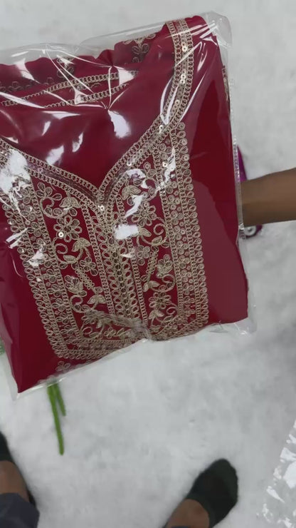 Red Designer Party Wear Faux Georgette Top, Palazzo & Dupatta Set