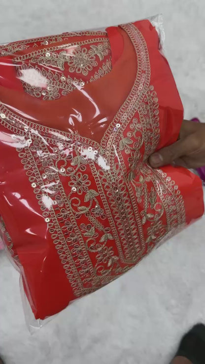 Tangerine Designer Party Wear Faux Georgette Top, Palazzo & Dupatta Set