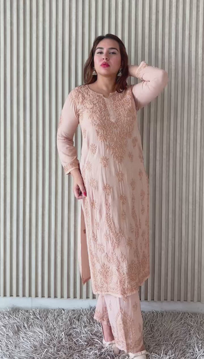 Beige Plus Size Lucknow Chikankari Modal Kurti with Palazzo Set