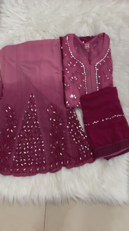 Wine Chikankari Elegance Ombré Mirror Booti Jaal Set - Kurti, Sharara & Dupatta