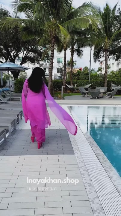 Bright Pink Chikankari Elegance Ombré Mirror Booti Jaal Set - Kurti, Sharara & Dupatta -(Inner Included)