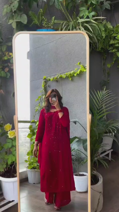 Red Regal Embroidered Viscose Chikankari Kurta Set with Mukaish Work