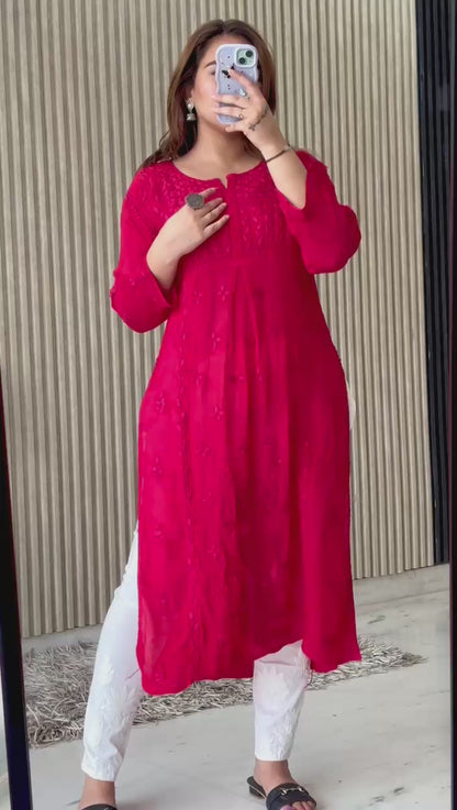 Red Chinon Nyra Style 3D handwork Lucknow Chikankari Kurti Set