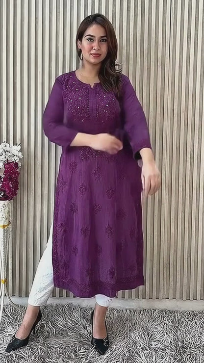 Purple Exquisite Lucknow Chikankari Mukesh Work Kurti Set