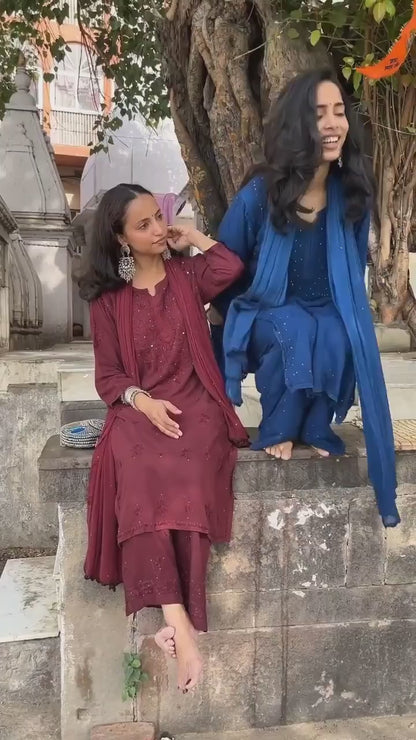 Dark Brown Premium Rayon Chikankari Kurta Palazzo Dupatta Set | Hand Embroidered with Mukesh Work