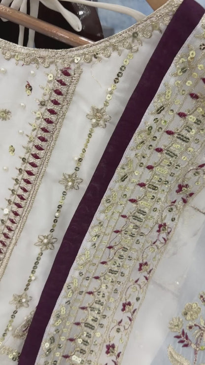 Ivory Designer Party Wear Heavy Faux Georgette Top, Palazzo Dupatta Set