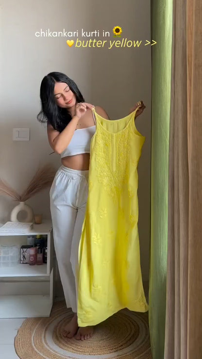 Yellow Lucknowi Chikankari Rayon Noodle Strap Kurti Set