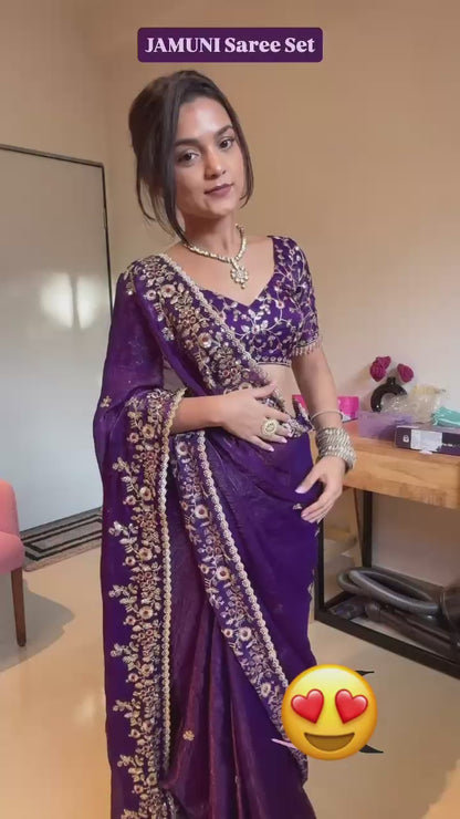 Jamun Color Party Wear Chiffon Sequin Embroidered Saree (New)