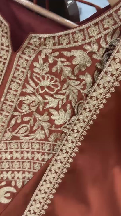 Brown Designer Pure Chinon Silk Embroidered Top & Palazzo Set with Dupatta