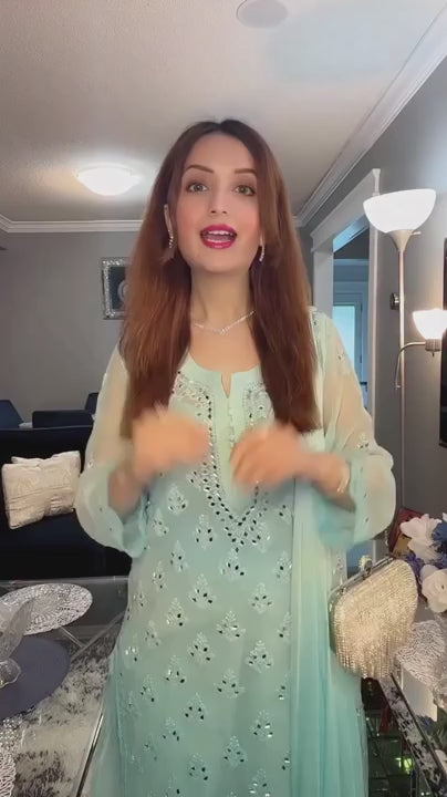 Marina Aqua blue Ombré Georgette Lucknow Chikankari Mirror Sharara Set