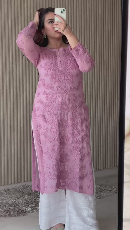 Brick Red Lucknowi Chikankari Rose Viscose Georgette Kurta Set