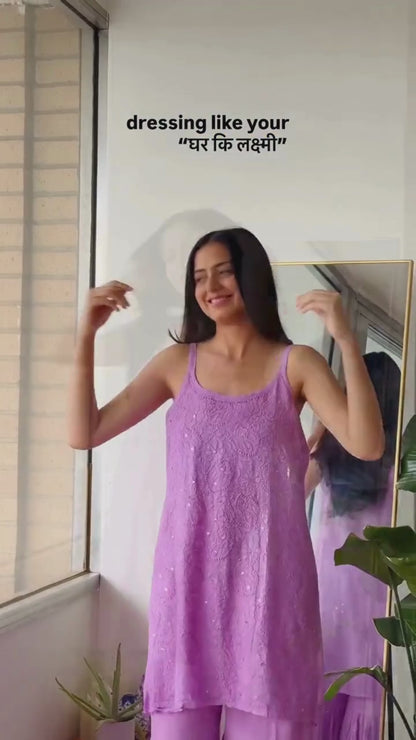 Lavendar and Yellow Value combo Handcrafted Lucknow Chikankari Strappy Gharara Set (New)