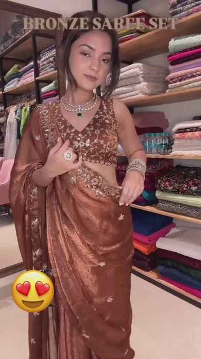 Brown Party Wear Chiffon Sequin Embroidered Saree (New)