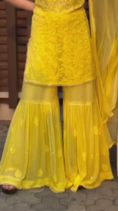 Lavendar and Yellow Value combo Handcrafted Lucknow Chikankari Strappy Gharara Set (New)