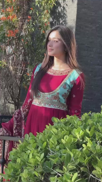 Maroon Designer Georgette Sequin Embroidered Gown with Dupatta (Double Layer Flair)