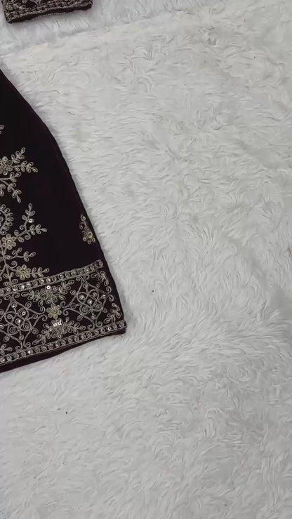 Wine Color Designer Party Wear Velvet Sharara Kameez with Dupatta