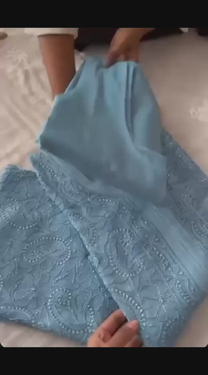 Light Blue Elegant Viscose Lucknow Chikankari Handwork Ensemble (New)