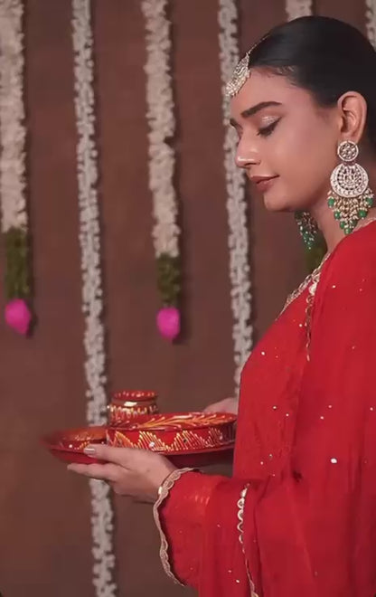 Red Premium Lucknow Chikankari Viscose Kurta, Palazzo & Dupatta Set with Mukaish and Lace Work