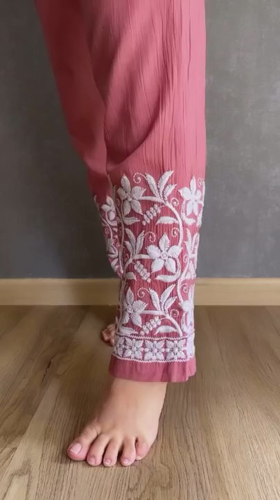 Dusty Rose Color Aurora Breeze Brasso Chikankari Cotton Ensemble 3 Pc Set