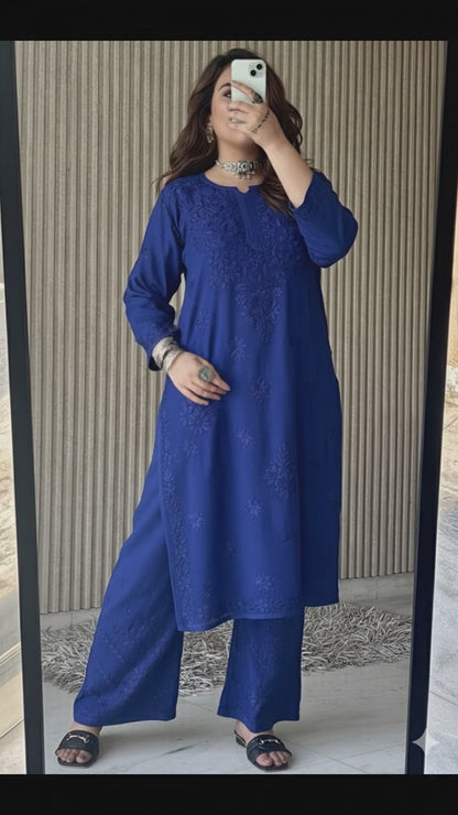 Deep Blue Lucknow Chikankari Rayon Kurta Palazzo Co-ord Set with Tone-to-Tone Hand Embroidery Plus Size