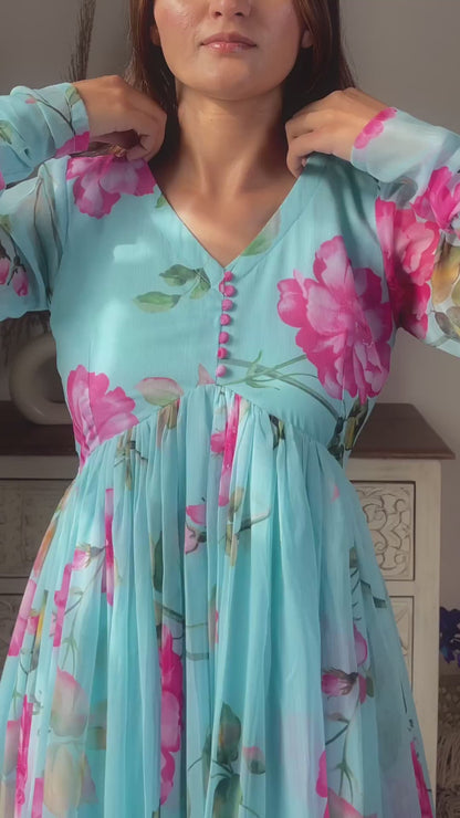Aqua Blue ✨ Elegant Georgette Digital Print Gown with Dupatta and Pant ✨