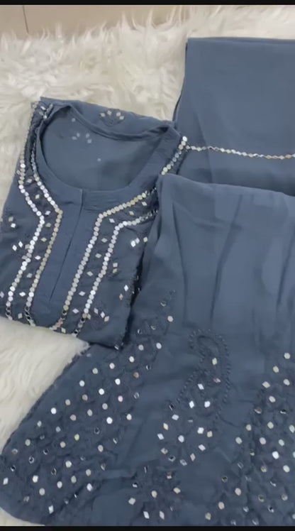 Grey Chikankari Elegance Ombré Mirror Booti Jaal Set - Kurti, Sharara & Dupatta -(Inner Included)