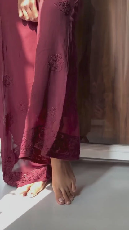 Dark Brown Elegant Viscose Lucknow Chikankari Handwork Ensemble (New)