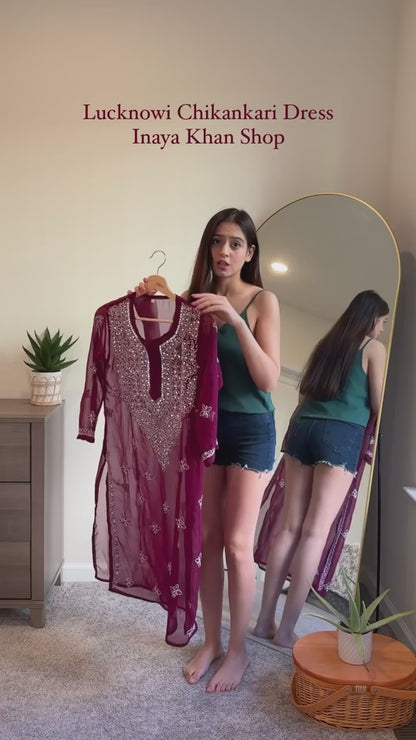 Wine Georgette Mirror Gala Booti Chikankari Set with Beautiful Handwork Embroidery