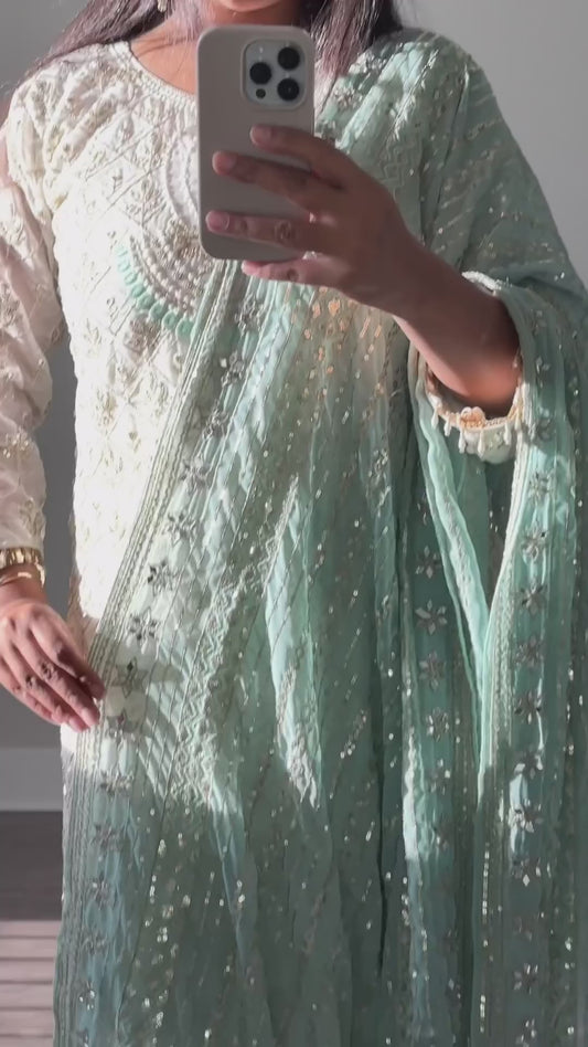 Glittering Charm:  Georgette Sequined Embroidered Top and Pant Set with Green Dupatta