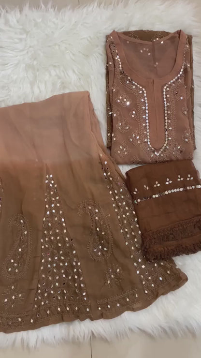 Peach Brown Chikankari Elegance Ombré Mirror Booti Jaal Set - Kurti, Sharara & Dupatta